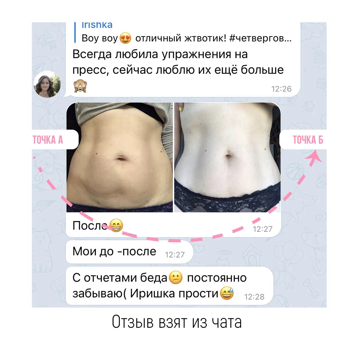 Результат ученицы — живот до и после курса